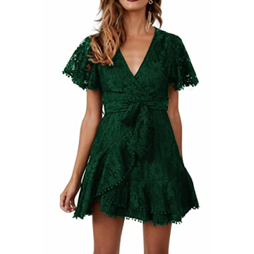 Women Longsleeve Ruffle Wrap Lace Mini Dress Deep V-Neck Lantern Sleeve Tie Waist Casual Dress for Wedding Guest