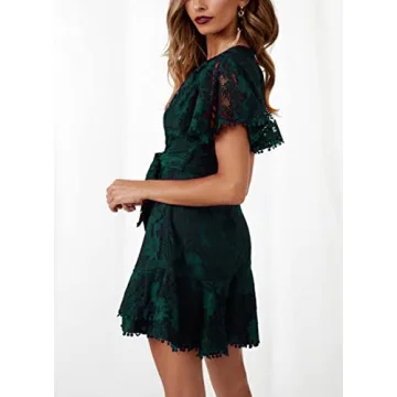 Women Longsleeve Ruffle Wrap Lace Mini Dress Deep V-Neck Lantern Sleeve Tie Waist Casual Dress for Wedding Guest