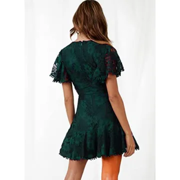 Women Longsleeve Ruffle Wrap Lace Mini Dress Deep V-Neck Lantern Sleeve Tie Waist Casual Dress for Wedding Guest