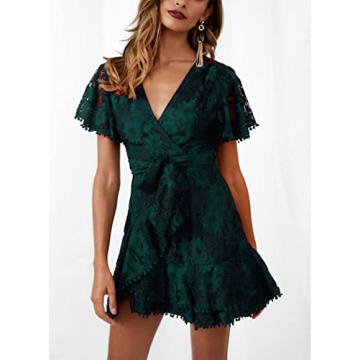 Women Longsleeve Ruffle Wrap Lace Mini Dress Deep V-Neck Lantern Sleeve Tie Waist Casual Dress for Wedding Guest