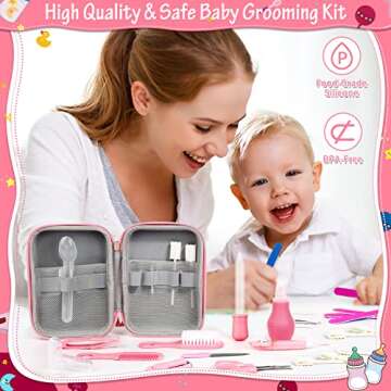 31Pcs Baby Healthcare and Grooming Kit modacraft Baby Safety Set with Hair Brush Scale Measuring Spoon Nail Clippers Lighting Ear Cleaner for Nursery Newborn Baby Girls Boys Kids Pink