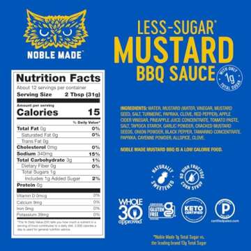 Noble Made Less-Sguar Mustard BBQ Marinade and Dipping Sauce, 13 fl oz Bottle, Mustard BBQ Sauce, Wh...