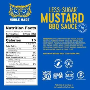 Noble Made Less-Sguar Mustard BBQ Marinade and Dipping Sauce, 13 fl oz Bottle, Mustard BBQ Sauce, Wh...