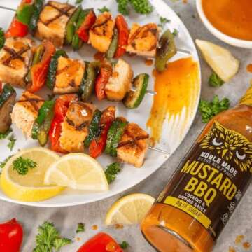 Noble Made Less-Sguar Mustard BBQ Marinade and Dipping Sauce, 13 fl oz Bottle, Mustard BBQ Sauce, Whole30 Approved, Paleo-Certified, Keto, and Gluten-Free, Gold BBQ Sauce with 0g of Fat