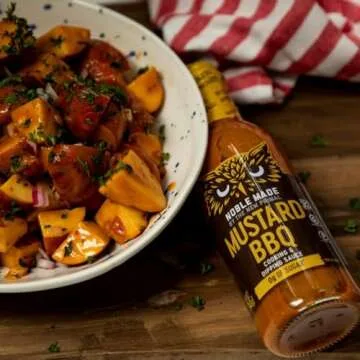 Noble Made Less-Sguar Mustard BBQ Marinade and Dipping Sauce, 13 fl oz Bottle, Mustard BBQ Sauce, Whole30 Approved, Paleo-Certified, Keto, and Gluten-Free, Gold BBQ Sauce with 0g of Fat