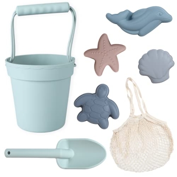 BLUE GINKGO Silicone Beach Toys - Modern Baby | Travel Friendly Set Bucket, Shovel, 4 Sand Molds, Ba...