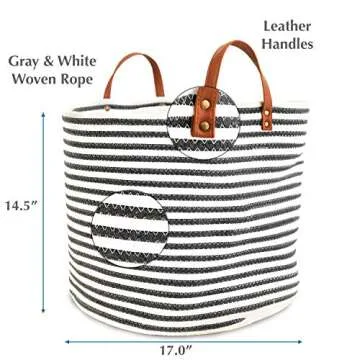 Large Cotton Rope Storage Basket 17" Wide x 14.5" Tall - Laundry Hamper - Woven Blanket Basket - Baby Nursery Storage Bin - Toy Organizer