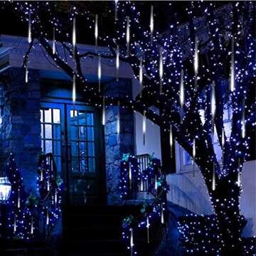 Twinkle Star Meteor Shower Lights Outdoor, 288 LED 8 Tubes Icicle Lights for Outside, Snow Falling C...