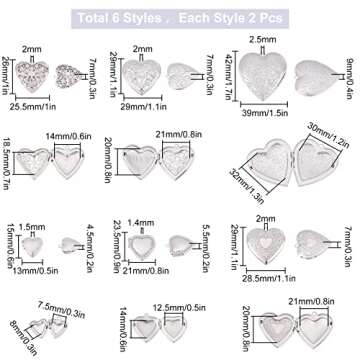 SUNNYCLUE 1 Box 12Pcs 6 Style Stainless Steel Photo Frame Charm Diffuser Locket Pendants Silver Hear...