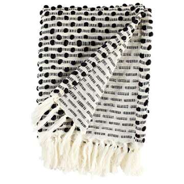 Amazon Brand – Rivet Bubble Textured Lightweight Decorative Fringe Throw Blanket, 48" x 60", Black and Cream
