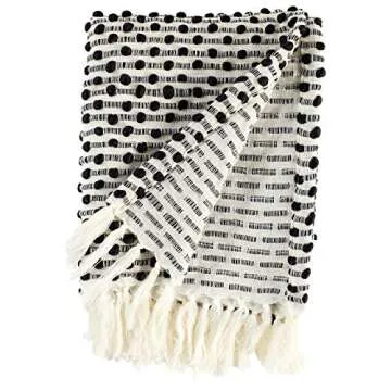 Amazon Brand – Rivet Bubble Textured Lightweight Decorative Fringe Throw Blanket, 48" x 60", Black and Cream