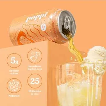 Poppi Sparkling Prebiotic Soda Beverage with Apple Cider Vinegar, Seltzer Water and Fruit Juice, Orange Cream Flavor, 12 oz, Pack of 12, Packaging may vary