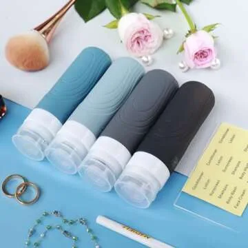 GLAMFIELDS Travel Bottles for Toiletries,TSA Approved 3oz size Leak Proof Silicone Containers for Shampoo, Conditioner,Easy to Squeeze and Portable, Essentials for Traveling (4 Pack) Black