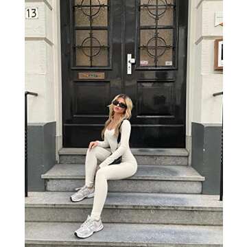 OQQ Women's Yoga One Piece Ribbed Workout Long Sleeve Exercise JumpSuit Romper, Beige, Small