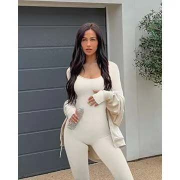 OQQ Women's Yoga One Piece Ribbed Workout Long Sleeve Exercise JumpSuit Romper, Beige, Small