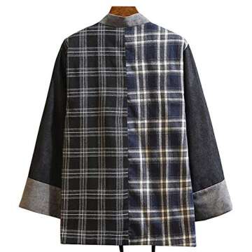 Hotmiss Mens Kimono Hipster Plaid Patchwork Linen Cloak Open Front Cardigan Jackets (Black Plaid, Large)
