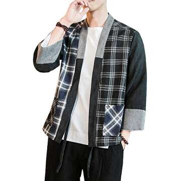Hotmiss Mens Kimono Hipster Plaid Patchwork Linen Cloak Open Front Cardigan Jackets (Black Plaid, Large)