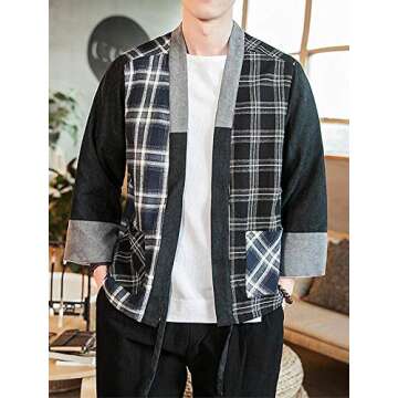 Hotmiss Mens Kimono Hipster Plaid Patchwork Linen Cloak Open Front Cardigan Jackets (Black Plaid, Large)