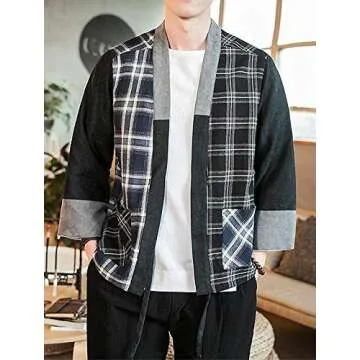 Hotmiss Mens Kimono Hipster Plaid Patchwork Linen Cloak Open Front Cardigan Jackets (Black Plaid, Large)