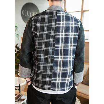 Hotmiss Mens Kimono Hipster Plaid Patchwork Linen Cloak Open Front Cardigan Jackets (Black Plaid, Large)