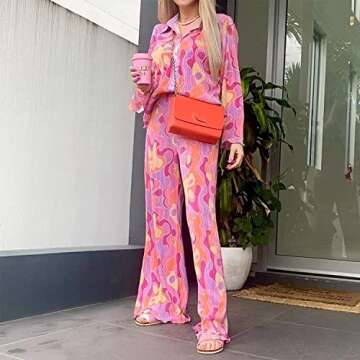 ABYOVRT Pleated 2 Piece Outfits for Women Long Sleeve Oversized Button Down Shirt Wide Leg Pants Sets Casual Loungewear (Pink pattern,Small)