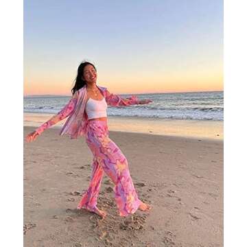 ABYOVRT Pleated 2 Piece Outfits for Women Long Sleeve Oversized Button Down Shirt Wide Leg Pants Sets Casual Loungewear (Pink pattern,Small)