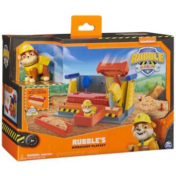 Rubble & Crew, Rubble’s Workshop Playset, Construction Toys with Kinetic Build-It Sand & Rubble Action Figure, Kids Toys for Boys & Girls Ages 3+