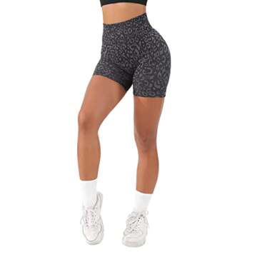 SUUKSESS Women Seamless Booty Shorts Scrunch Butt Lifting High Waisted Workout Shorts (5" Black Leopard, M)