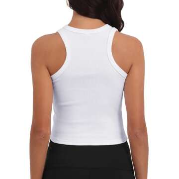 GEMBERA Womens' Ribbed Knit Cotton Scoop Neck Racerback Sleeveless Form Fitted Basic Cropped Tank Top Shirt(3954 White M)