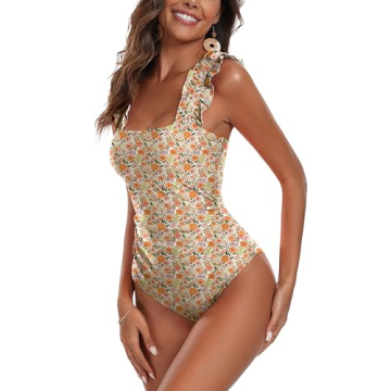 AI'MAGE Women's One Piece Swimsuits Square Neck Tummy Control Bathing Suit with Adjustable Ruffled S...