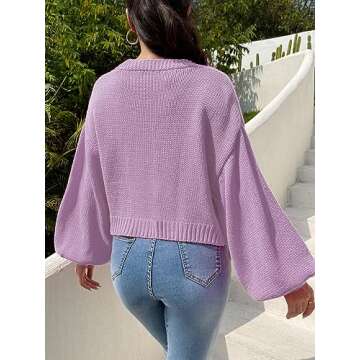 MakeMeChic Women's Floral Applique Lantern Sleeve Open Front Cropped Cardigan Sweater Purple S