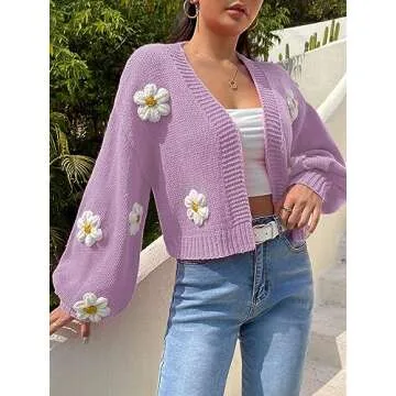 MakeMeChic Women's Floral Applique Lantern Sleeve Open Front Cropped Cardigan Sweater Purple S