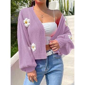 MakeMeChic Women's Floral Applique Lantern Sleeve Open Front Cropped Cardigan Sweater Purple S