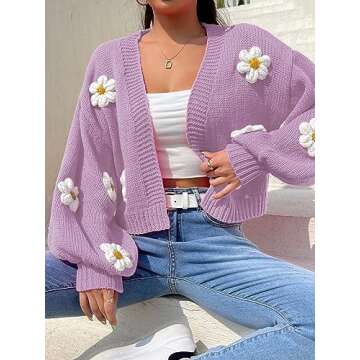 MakeMeChic Women's Floral Applique Lantern Sleeve Open Front Cropped Cardigan Sweater Purple S