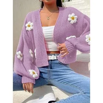 MakeMeChic Women's Floral Applique Lantern Sleeve Open Front Cropped Cardigan Sweater Purple S