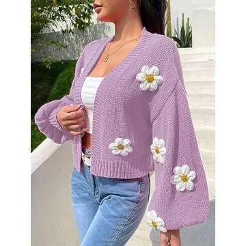 MakeMeChic Women's Floral Applique Lantern Sleeve Open Front Cropped Cardigan Sweater Purple S