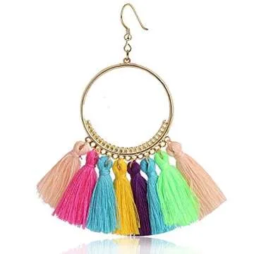 Outee 16 Pairs Tassel Earrings Set Dangle Earrings Long Layered Ball Thread Bohemian Tiered Tassel Drop Earrings Fashion Jewelry for Women Valentine Birthday Party Gifts