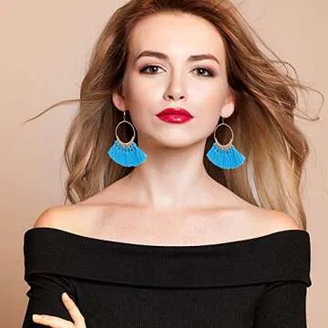 Outee 16 Pairs Tassel Earrings Set Dangle Earrings Long Layered Ball Thread Bohemian Tiered Tassel Drop Earrings Fashion Jewelry for Women Valentine Birthday Party Gifts