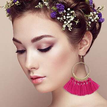 Outee 16 Pairs Tassel Earrings Set Dangle Earrings Long Layered Ball Thread Bohemian Tiered Tassel Drop Earrings Fashion Jewelry for Women Valentine Birthday Party Gifts