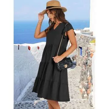 ANRABESS Womens Summer Dress Ruffle Sleeve V Neck Midi Dresses Fashion Casual Fit Flowy Tiered Boho Beach Vacation Sundress Black-M