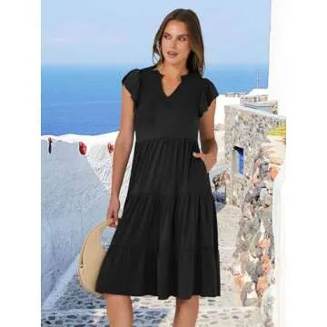ANRABESS Womens Summer Dress Ruffle Sleeve V Neck Midi Dresses Fashion Casual Fit Flowy Tiered Boho Beach Vacation Sundress Black-M