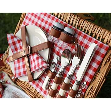 ZORMY Wicker Picnic Basket for 2 Person, Willow Hamper Basket Sets with Insulated Compartment, Handmade 2 Person Picnic Basket Classical Red Check with Utensils Cutlery Perfect for Picnic, Camping
