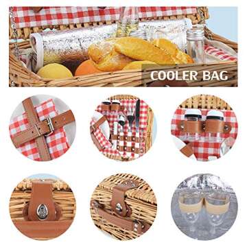 ZORMY Wicker Picnic Basket for 2 Person, Willow Hamper Basket Sets with Insulated Compartment, Handmade 2 Person Picnic Basket Classical Red Check with Utensils Cutlery Perfect for Picnic, Camping