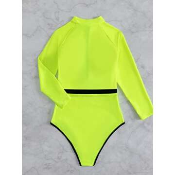 MakeMeChic Women's Long Sleeve Zip Front One Piece Swimsuit Neon Bathing Suits Lime Green M