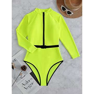 MakeMeChic Women's Long Sleeve Zip Front One Piece Swimsuit Neon Bathing Suits Lime Green M