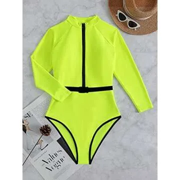 MakeMeChic Women's Long Sleeve Zip Front One Piece Swimsuit Neon Bathing Suits Lime Green M