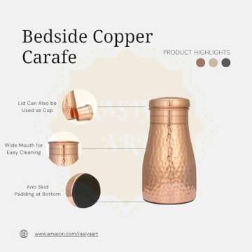 Pure Copper Water Bottle for Drinking - Water Pitcher for Sports and Yoga - Bedside Water Carafe wit...