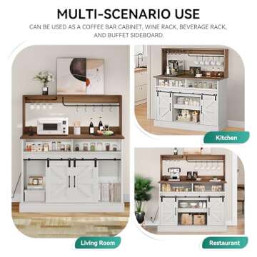 YITAHOME 47" Farmhouse Buffet Cabinets with Sliding Barn Door, Coffee Bar with Goblet Holder & Power Outlet, Sideboard Buffet Cabinets with Storage for Kitchen, Living Room (White)