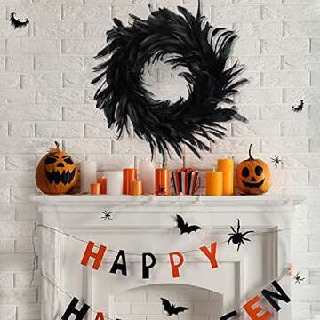 Kederwa Halloween Feather Wreath for Front Door,15inch Black Halloween Door Wreath for Halloween Pho...