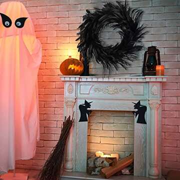 Kederwa Halloween Feather Wreath for Front Door,15inch Black Halloween Door Wreath for Halloween Photo Props, Spooky Scene Party Favors, Halloween Party Decorations